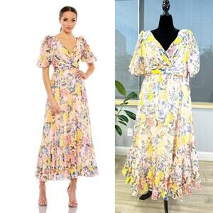 FLORAL PRINT CHIFFON PUFF SLEEVE TIERED HEM DRESS 68247 Size 14